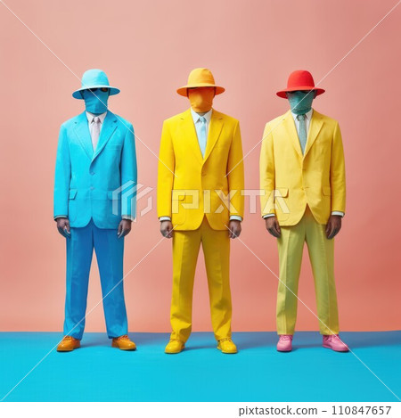 Anonymous men in colorful suits and colorful hats over pink background. Generative AI 110847657