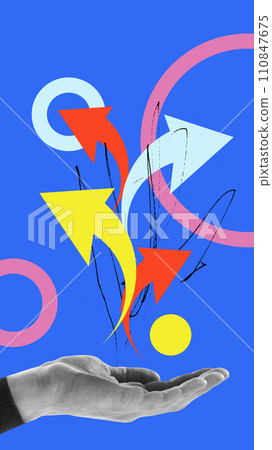 Hand with three arrows, each pointing in a different direction. Choices and consequences. Different paths of possibilities. Contemporary art collage. Hand with three arrows, each pointing in a different direction. Choices and consequences. Different paths of possibilities. Contemporary art collage. 110847675