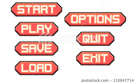 Menu interface buttons pixel art set. 8 bit graphical user interface elements. Game development, mobile app. Isolated vector illustration. Menu interface buttons pixel art set. 8 bit graphical user interface elements. Game development, mobile app. Isolated vector illustration. 110847714