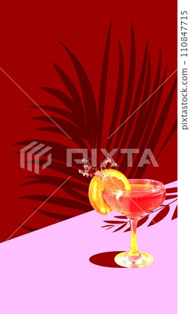 Contemporary art collage. Sex on beach. Exotics refreshing cocktail stands on pink bar counter and surrounded shadows of plants. Relax atmosphere. 110847715