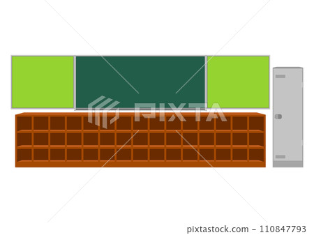 Blackboard, shelves, and cleaning supplies at the back of the classroom 110847793