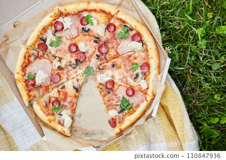 Delicious Pizza With Tomato, Cheese, and Greens in a Cardboard Box Outdoors Delicious Pizza With Tomato, Cheese, and Greens in a Cardboard Box Outdoors 110847936