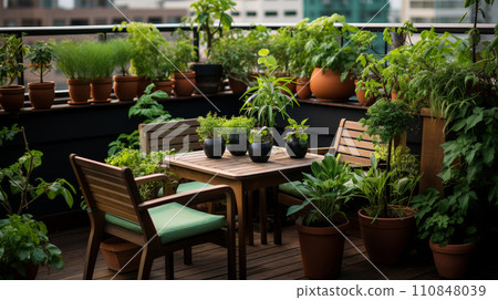 Cozy city balcony with variety of herbs and potted plants. Relaxation area and ecological gardening. 110848039