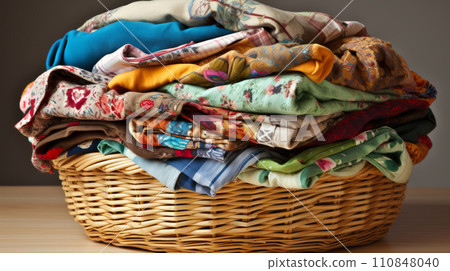 Colorful bright clothes in basket. Concept of donations, recycling and washing. 110848040