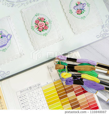 Threads for embroidery. Embroidered picture. Set for beading. Threads for embroidery. Embroidered picture. Set for beading. 110848087