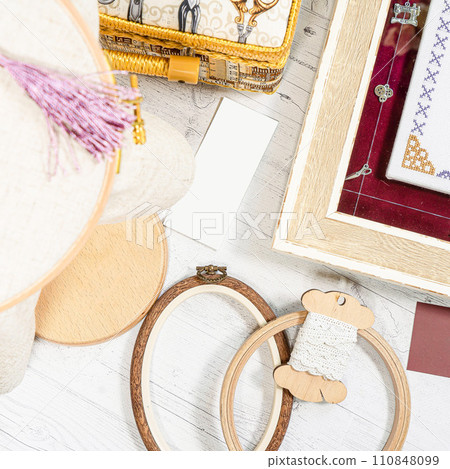 Accessories for hobby. Hoop snaps, scissors, threads, needles and scissors. Vintage tools for embroidery and knitting 110848099