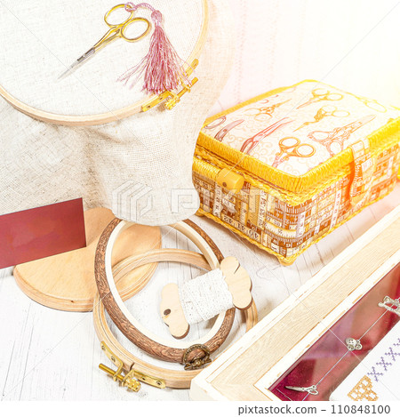 Accessories for hobby. Hoop snaps, scissors, threads, needles and scissors. Vintage tools for embroidery and knitting 110848100