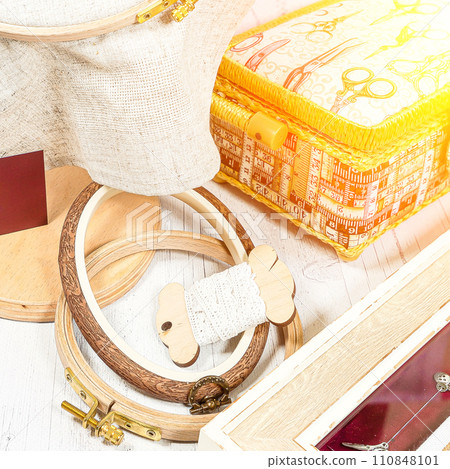 Accessories for hobby. Hoop snaps, scissors, threads, needles and scissors. Vintage tools for embroidery and knitting Accessories for hobby. Hoop snaps, scissors, threads, needles and scissors. Vintage tools for embroidery and knitting 110848101