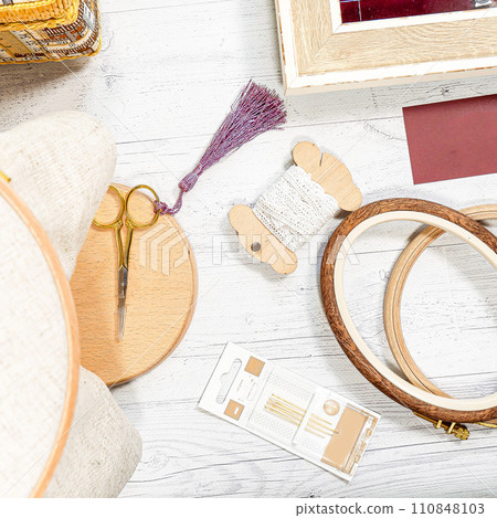 Accessories for hobby. Hoop snaps, scissors, threads, needles and scissors. Vintage tools for embroidery and knitting 110848103