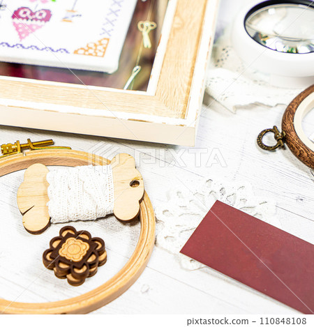 Accessories for hobby. Hoop snaps, scissors, threads, needles and scissors. Vintage tools for embroidery and knitting 110848108