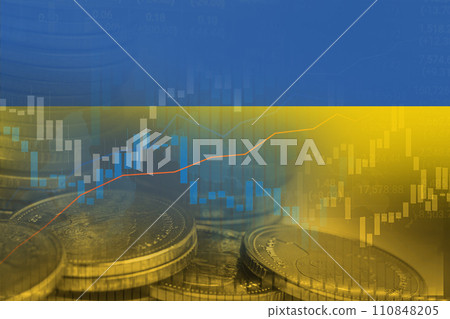 Stock market investment trading financial, coin and Ukraine flag or Forex for analyze profit finance business trend data background. 110848205