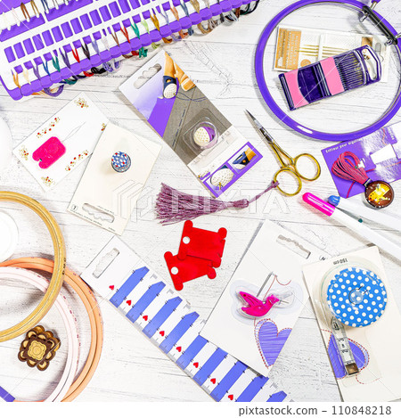 Accessories for hobbies. Needles, threads, hoops snaps, marker, stick for knitting and embroidery Accessories for hobbies. Needles, threads, hoops snaps, marker, stick for knitting and embroidery 110848218