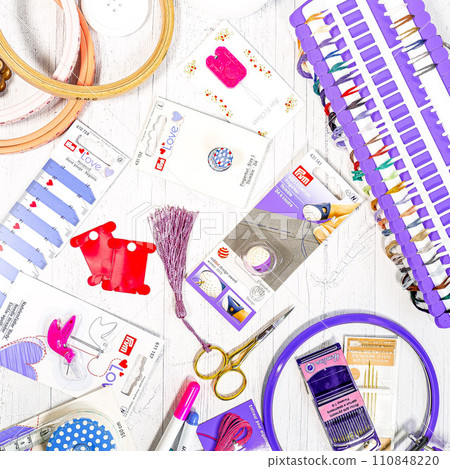 Accessories for hobbies. Needles, threads, hoops snaps, marker, stick for knitting and embroidery Accessories for hobbies. Needles, threads, hoops snaps, marker, stick for knitting and embroidery 110848220