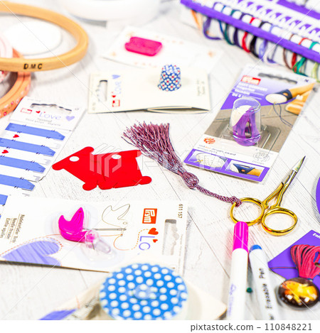 Accessories for hobbies. Needles, threads, hoops snaps, marker, stick for knitting and embroidery Accessories for hobbies. Needles, threads, hoops snaps, marker, stick for knitting and embroidery 110848221
