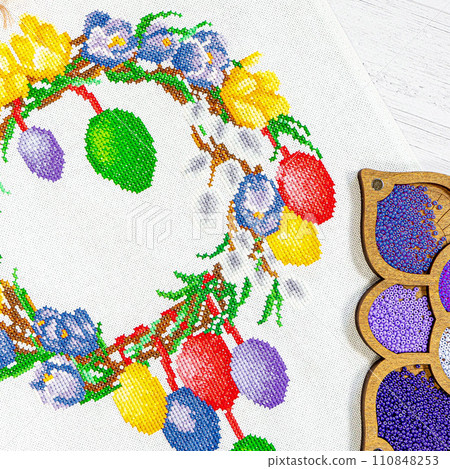 Fabric embroidered Easter wreath with beads of hobby thread 110848253