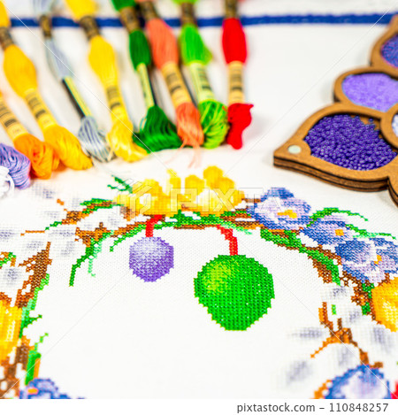 Palette of thread colors. Threads for embroidery knitting 110848257