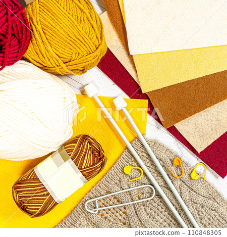 Threads in reels. Colored bobbins for embroidery knitting hobby accessories creativity. Threads in reels. Colored bobbins for embroidery knitting hobby accessories creativity. 110848305