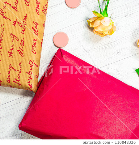 Delivery mail post postal packages red and craft paper Delivery mail post postal packages red and craft paper 110848326