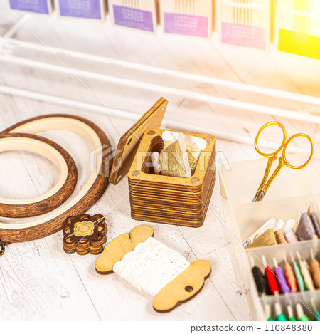 Accessories for hobby. Hoop snaps, threads, needles and scissors. Vintage tools for embroidery and knitting Accessories for hobby. Hoop snaps, threads, needles and scissors. Vintage tools for embroidery and knitting 110848380