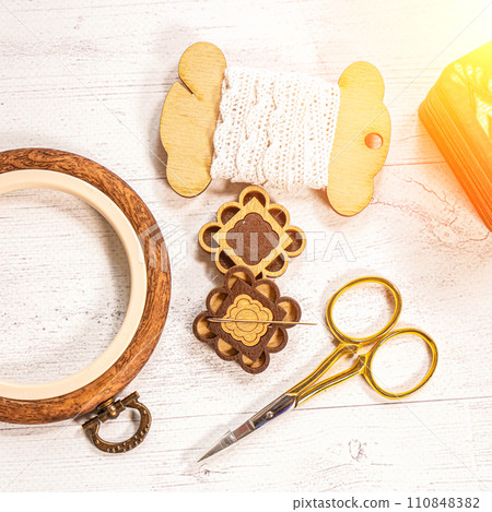 Accessories for hobby. Hoop snaps, threads, needles and scissors. Vintage tools for embroidery and knitting Accessories for hobby. Hoop snaps, threads, needles and scissors. Vintage tools for embroidery and knitting 110848382