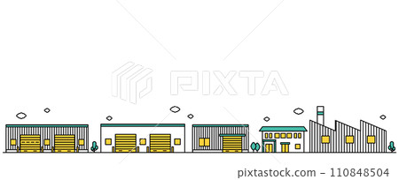 Illustration F of a simple line drawing of a cityscape in an industrial area with many factories 110848504