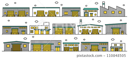 Illustration set B of a simple line drawing of a cityscape in an industrial area with many factories 110848505