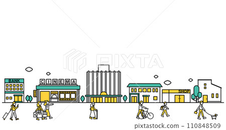 附近有電影院和百貨公司的商業區城鎮景觀的簡單線條圖插圖 C（人） 110848509