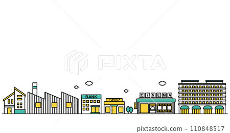 附近有電影院和百貨公司的商業區的簡單線條畫插圖。 110848517