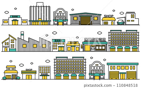 附近有電影院和百貨公司的商業區城鎮景觀的簡單線條圖的插圖集 B 110848518