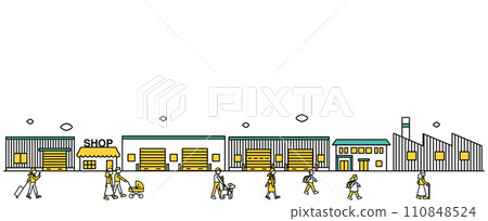 Illustration F (person) of a simple line drawing of a cityscape with stores and small factories nearby Illustration F (person) of a simple line drawing of a cityscape with stores and small factories nearby 110848524