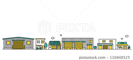 Illustration A of a simple line drawing of a cityscape with stores and small factories nearby 110848525