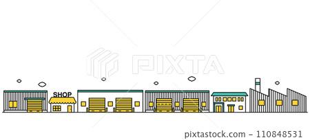 圖 F 是附近有商店和小工廠的城市景觀的簡單線條圖 110848531