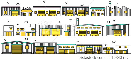 插圖集 B，顯示了附近有商店和小工廠的城市景觀的簡單線條圖 110848532