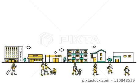 Illustration F (person) of a simple line drawing of a cityscape with stores and hotels nearby 110848539