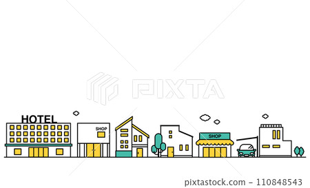 插圖 D 是附近有商店和酒店的城市景觀的簡單線條圖 110848543