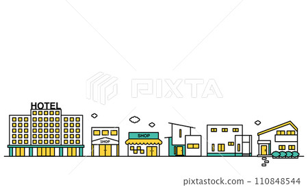 Illustration E of a simple line drawing of a cityscape with stores and hotels nearby Illustration E of a simple line drawing of a cityscape with stores and hotels nearby 110848544