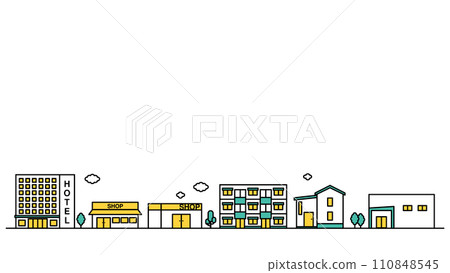 插圖 F 是附近有商店和酒店的城市景觀的簡單線條圖 110848545
