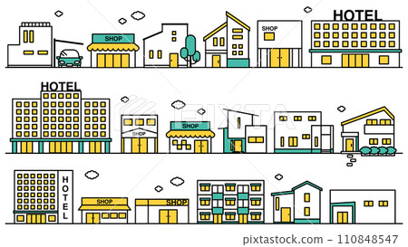 Illustration set B of a simple line drawing of a cityscape with stores and hotels nearby Illustration set B of a simple line drawing of a cityscape with stores and hotels nearby 110848547