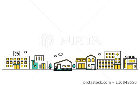 插圖 C 是附近有醫院和大學的城市景觀的簡單線條圖 110848556