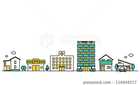 插圖 D 是附近有醫院和大學的城市景觀的簡單線條圖 110848557