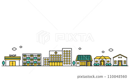 Illustration F of a simple line drawing of a cityscape with hospitals and universities nearby 110848560