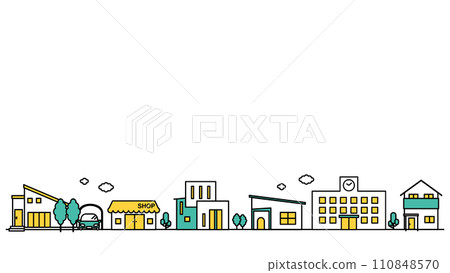 插圖 B 是一個擁有許多學校和低層住宅的地區的城市景觀的簡單線條圖 110848570