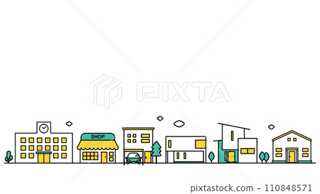 插圖 C 是一個擁有許多學校和低層住宅的地區的城市景觀的簡單線條圖 110848571