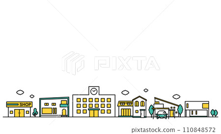 插圖 D，展示了擁有許多學校和低層住宅的地區的城市景觀簡單線條圖 110848572