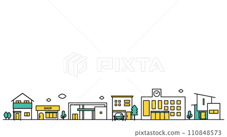 插圖 E 是一個擁有許多學校和低層住宅的地區的城市景觀的簡單線條圖 110848573