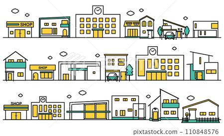 Illustration set B of simple line drawings of cityscapes in areas with many schools and low-rise residences Illustration set B of simple line drawings of cityscapes in areas with many schools and low-rise residences 110848576