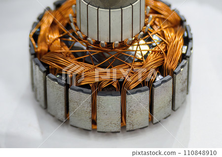 Close up scene the copper wire on electric motor rotor. Close up scene the copper wire on electric motor rotor. 110848910
