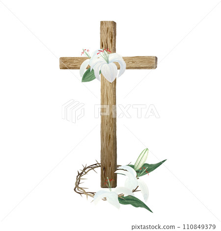 Watercolor wooden cross crown of thorns and lilies for Easter, holy Thursday, religious illustration isolated on white 110849379