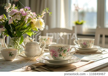 Dining table set with floral tableware on sunny light background. Generative AI 110849467
