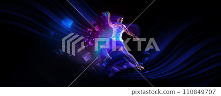 Dynamic image of young man, handball player in motion, training on dark background with polygonal and fluid neon elements. 110849707